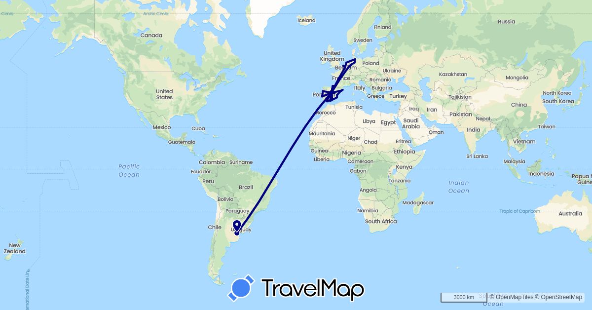 TravelMap itinerary: driving in Argentina, Belgium, Germany, Spain, Netherlands, Portugal (Europe, South America)